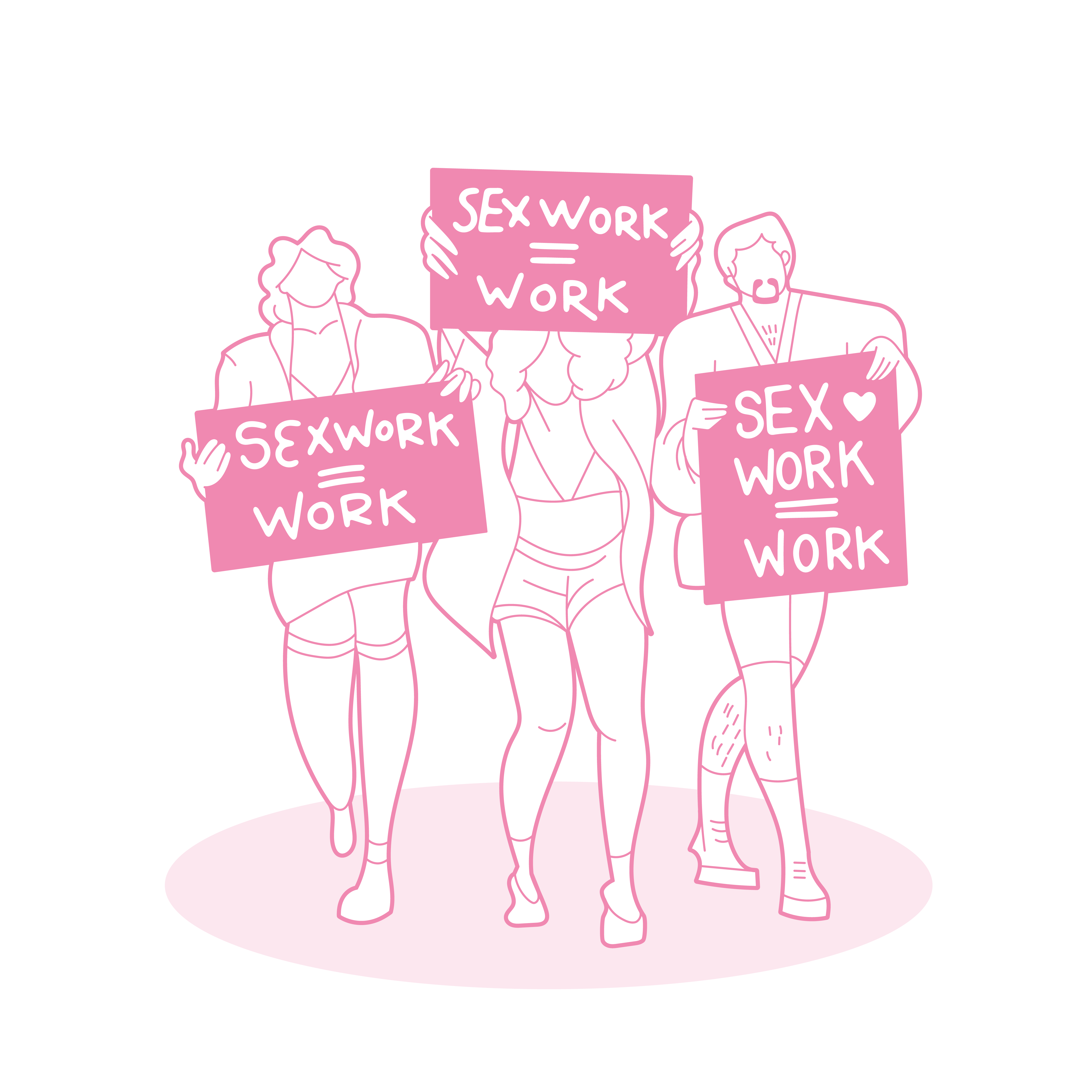 Illustratie van sekswerkers met borden waarop Sex work is work staat
