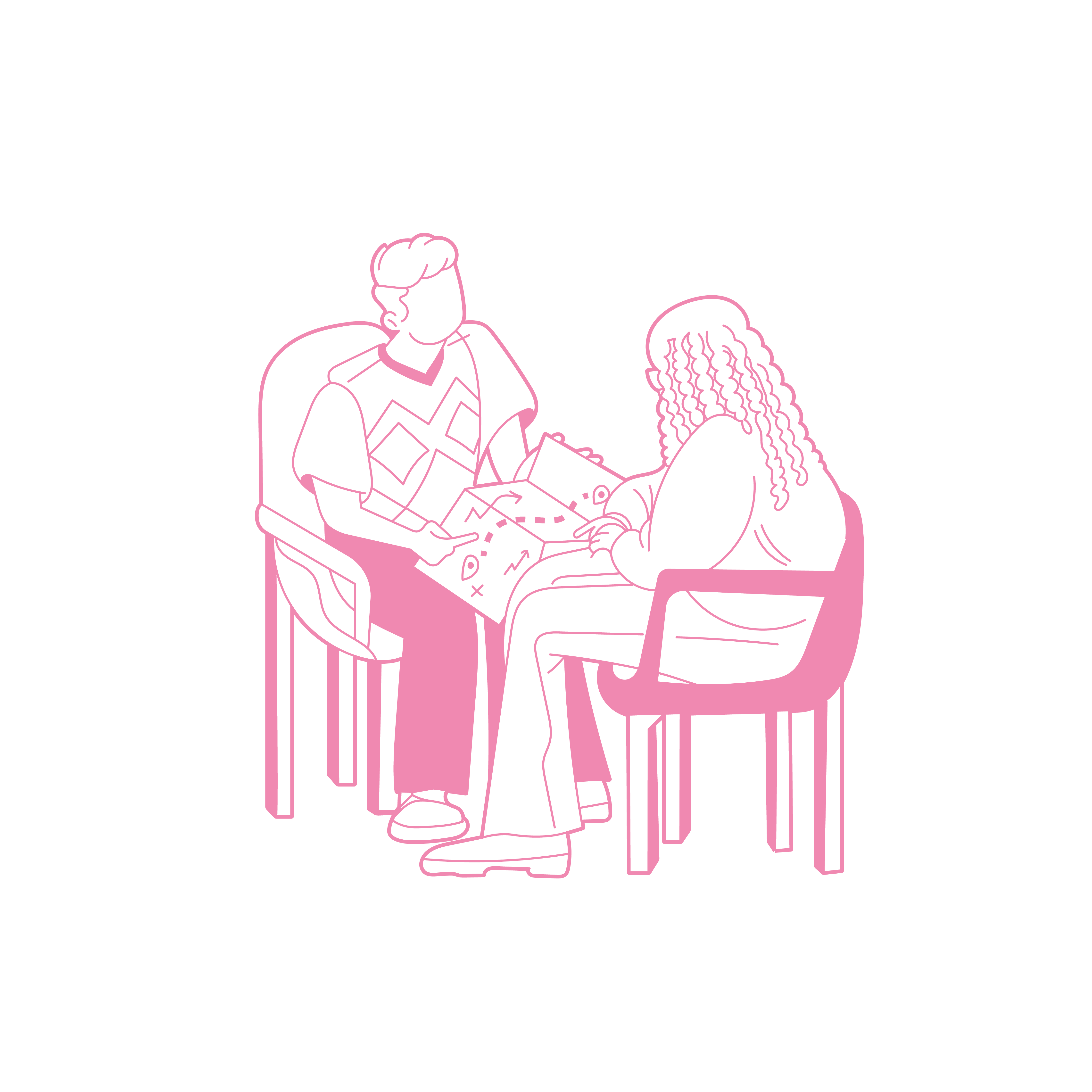 Illustratie van twee mensen in gesprek aan tafel
