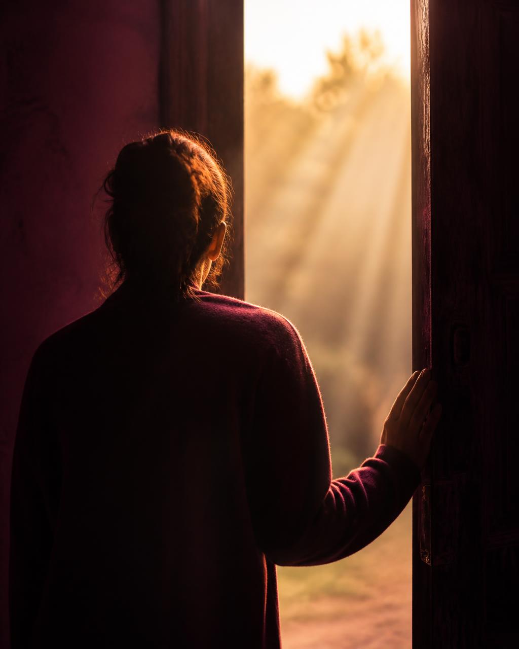 Silhouet van een persoon die een deur naar het licht opent